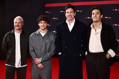 From left: Mercedes Finnish reserve driver Valtteri Bottas, Italian driver Andrea Kimi Antonelli, team principal Toto Wolff and British driver George Russell pose on the red carpet upon arrival for the Formula One - 2025 season launch “F1 75 LIVE” event at the O2, in London, on February 18, 2025. AFP