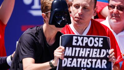 The sign refers to Smithfield Foods, the manufacturer of Nathan's hot dogs. Reuters