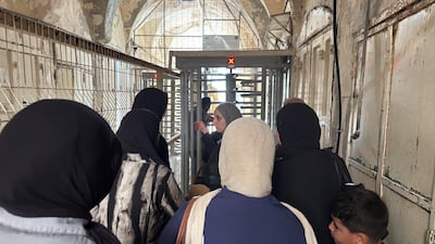 Palestinian women waiting to enter the Al Ibrahimi mosque in Hebron in the occupied West Bank. Hamza Hendawi/ The National