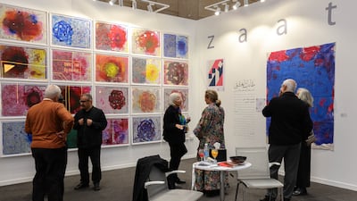 Maqamat al-Ishq (Stations of Love) by Himat Ali, a series of abstract paintings feature illegible poetry. Photo: Art Cairo