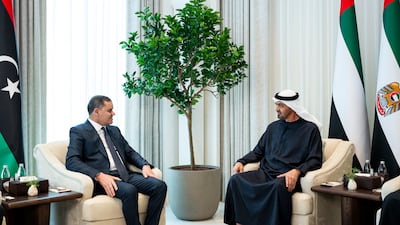 President Sheikh Mohamed receives Abdul Hamid Dbeibah, Prime Minister of Libya's Government of National Unity, in Abu Dhabi. Photo: UAE Presidential Court ---