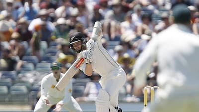 New Zealand's Kane Williamson plays a stroke against Australia during their cricket test match in Perth, Australia, Sunday, Nov. 15, 2015. (AP Photo/Theron Kirkman)