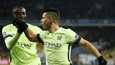 Football Soccer - Dynamo Kiev v Manchester City - UEFA Champions League Round of 16 First Leg - NSC Olimpiyskiy Stadium, Kiev, Ukraine - 24/2/16Sergio Aguero celebrates scoring the first goal for Manchester City with Yaya ToureAction Images via Reuters / John SibleyLivepicEDITORIAL USE ONLY.