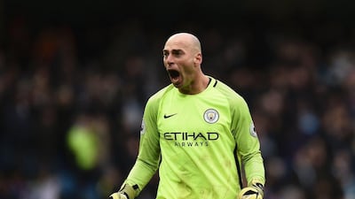Manchester CIty's Argentinian goalkeeper Willy Caballero reacts to their late winning goal during the English Premier League football match against Swansea City at the Etihad Stadium in Manchester, north west England, on February 5, 2017. Oli Scarff / AFP