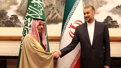 Iran's Foreign Minister Hossein Amirabdollahian and Saudi Foreign Affairs Minister Prince Faisal bin Farhan meeting in Beijing. AFP