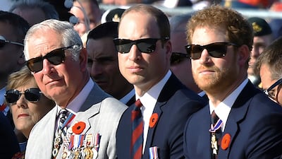 King Charles III (then Prince Charles), Prince William and Prince Harry attend a ceremony marking the 100th anniversary of the Battle of Vimy Ridge, in Vimy, France in 2017. AP