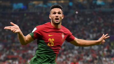 Goncalo Ramos celebrates after scoring Portugal's first goal in the Round of 16 match against Switzerland at Lusail Stadium on December 6, 2022. Getty