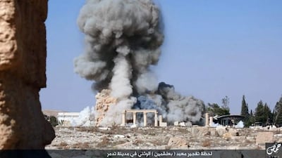 ISIL released five pictures on Aug 25, 2015 via a social media site, purported to show the detonation of the 2,000-year-old temple of Baalshamin in Syria’s ancient caravan city of Palmyra. ISIL social media account via AP