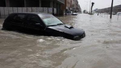 Traffic tries to make its way through heavy flooding on the 311 in Sharjah.