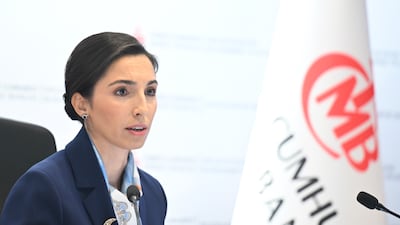 Turkish Central Bank Governor Hafize Gaye Erkan at a press conference in Ankara, Turkey. EPA