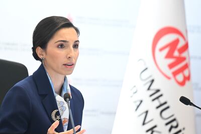 Turkish central bank Governor Hafize Gaye Erkan speaks at a press conference in Ankara, Turkey. EPA