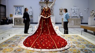 The cloak and crown worn by Queen frontman Freddie Mercury during the 1986 Magic Tour is displayed at the V&A museum, in London. EPA