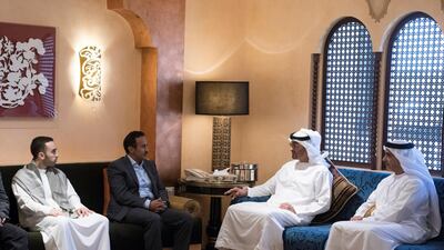Sheikh Mohammed bin Zayed, Crown Prince of Abu Dhabi Deputy Supreme Commander of the Armed Forces (2nd R) and Sheikh Saif bin Zayed, Deputy Prime Minister and Minister of Interior, offer condolences to Ahmed Ali Abdullah Saleh (2nd L), on the death of his father. Hamad Al Kaabi / Crown Prince Court - Abu Dhabi