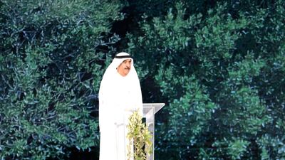 Sheikh Saud bin Rashid Al Mualla, Ruler of Umm Al Quwain, unveils the proposals at the World Government Summit. Pawan Singh / The National