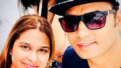 Manisha Thakur with her husband Vikram and cousin Roshni Moolchandani (behind) in happier times. Vikram and Roshni died along with 17 passengers when a bus hit a height restriction barrier in Dubai in June 2019. Courtesy: Manisha Thakur