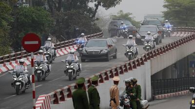 The motorcade of North Korea's leader Kim Jong-un travels enroute to his hotel. Reuters