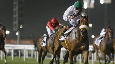 Roicead, centre, carries jockey James Doyle to his second win in two days at Meydan Racecourse in Dubai. Antonie Robertson / The National