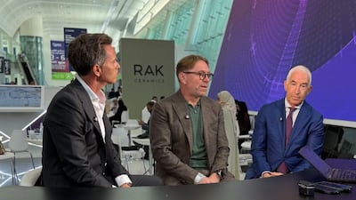 From left, Marc Domenech, Nvidia's vice president of enterprise for the Middle East, North Africa and South Europe, Aleria chief executive Eric Leandri and DDN co-founder Paul Bloch at Make it in the Emirates in Abu Dhabi. Greg Tanner for The National
