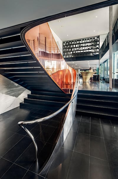 A staircase in the lobby of The Watergate Hotel. The Watergate Hotel