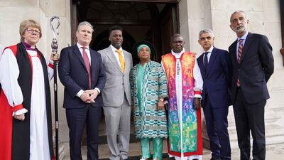 From left: Bishop of London Sarah Mullally, Labour leader Keir Starmer, the victim's brother Stuart Lawrence, and mother Doreen Lawrence, former Archbishop of York, John Sentamu, Mayor of London Sadiq Khan and solicitor Imran Khan leave after attending a memorial service to commemorate the 30th anniversary of the murder of Stephen Lawrence, in London. AP
