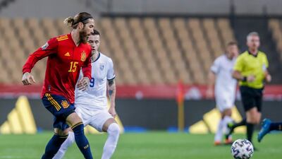Spain's Sergio Ramos, left, during the World Cup qualifier against Kosovo. AP