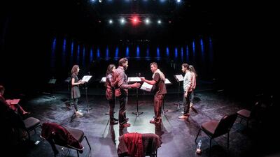 The cast of Food and Fadwa, one of the plays performed at the Arab Voices festival. Courtesy NYUAD Arts Center and Theater Programme.