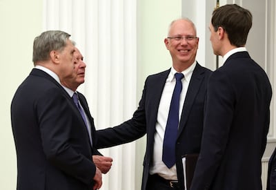 Kremlin economic envoy Kirill Dmitriev, centre, and Kremlin foreign policy aide Yuri Ushakov, left, with Steve Witkoff and Jared Kushner. AFP