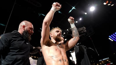 Jake Paul celebrates after knocking out Tyron Woodley. AP