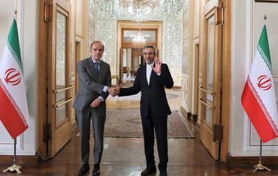 Iran's Chief Negotiator for the Nuclear Agreement, Ali Bagheri Kani (R) greeting deputy Secretary General/Political Director of the European External Action Service (EEAS) Enrique Mora in Tehran. Negotiations on a new nuclear deal for Iran have stalled recently. EPA