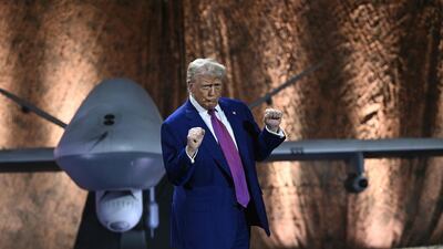 US President Donald Trump addresses troops at Al Udeid Air Base in Qatar on May 15 before flying to Abu Dhabi. AFP