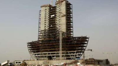 One of the new buildings which makes up part of the Al Raha beach development takes shape.