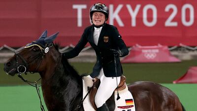 Annika Schleu of Germany in tears after Saints Boy refused to jump during the showjumping of the women's modern pentathlon.