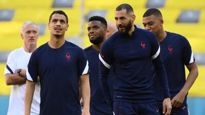 France coach Didier Deschamps, Wissam Ben Yedder, Thomas Lemar, Karim Benzema and Kylian Mbappe attend a training session at the Allianz Arena. AFP