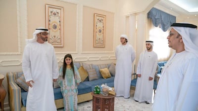 Sheikh Mohamed bin Zayed, Crown Prince of Abu Dhabi and Deputy Supreme Commander of the UAE Armed Forces, visits Ayesha Al Mazrouei at her family home. Courtesy Sheikh Mohamed bin Zayed Twitter