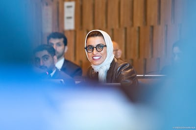 Noura Al Kaabi, UAE Minister of Culture and Youth, at an event for the Revive The Spirit of Mosul project, in Paris. Photo: Twitter / @AAzoulay