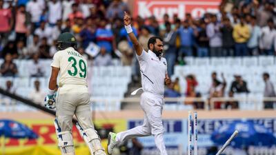 India's Mohammed Shami celebrates after dismissing South Africa batsman Zubayr Hamza. AFP