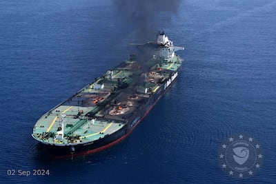 The Greek-owned oil tanker Sounion after it was attacked by Houthi missiles in 2024. AFP