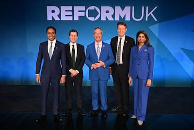Nigel Farage with the leadership team of the Reform UK party. It’s difficult to pretend to be 'new' and 'different' when Reform’s key figures include former Conservative party MPs, including Robert Jenrick and Suella Braverman. Getty Images