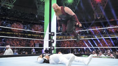 Erik Rowan of the Bludgeon Brothers flies through the air at the WWE Greatest Royal Rumble in Jeddah, Saudi Arabia. Courtesy WWE