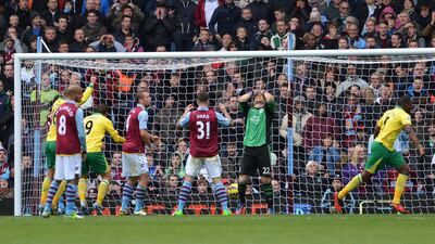 Aston Villa's US goalkeeper Brad Guzan feels the pain after Norwich City's defender Michael Turner equalises at Villa Park. Carl Court/AFP