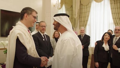 Sheikh Mohamed bin Zayed, Crown Prince of Abu Dhabi and Deputy Supreme Commander of the Armed Forces, meets members of the Jewish community in the UAE. Courtesy Amen the Film