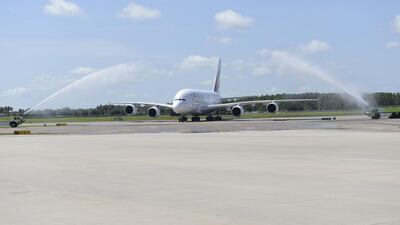 The Emirates A380 flight lands at Orlando International Airport on September 1. The route will usually be served by a Boeing 777-200. Courtesy Emirates