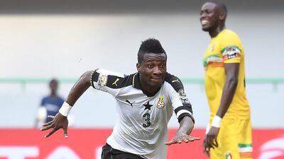 Ghana's forward Asamoah Gyan celebrates after scoring a goal during the 2017 Africa Cup of Nations group D football match between Ghana and Mali in Port-Gentil on January 21, 2017. Justin Tallis / AFP