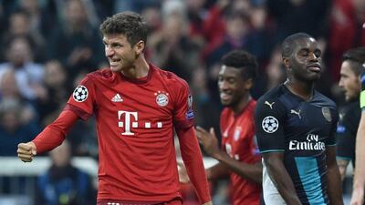 Bayern Munich’s Thomas Muller celebrates during their 5-1 win over Arsenal on Wednesday night in the Champions League at the Allianz Arena. Peter Kneffel / EPA