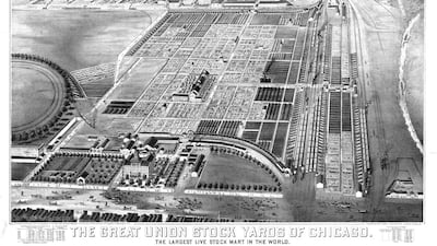 This aerial view of the Union Stock Yard from the east in 1877 shows the packinghouses to the west and Dexter Park racetrack to the south. Courtesy of Library of Congress