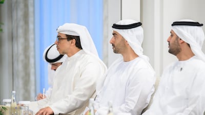 From left, Sheikh Mansour bin Zayed, Deputy Prime Minister and Minister of the Presidential Court; Sheikh Hamdan bin Mohamed; and Sheikh Mohamed bin Hamad, adviser for Special Affairs at the Presidential Court, attend the meeting.