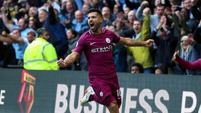 Manchester City's Sergio Aguero celebrates scoring his side's fifth goal, completing his hat-trick, in a 6-0 Premier League win over Watford in December, 2017. PA