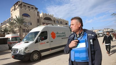 World Health Organisation officials help with the evacuation of Palestinian patients through the Rafah border crossing between Gaza and Egypt, days after it was opened by Israel. AFP