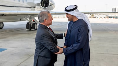 President Sheikh Mohamed greets King Abdullah at Al Bateen Executive Airport. Photo: Royal Hashemite Court