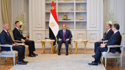 Egypt's President Abdel Fattah El Sisi receives US envoy Jared Kushner, second from left, in the city of Al Alamein on Sunday. Egyptian Presidency / Facebook